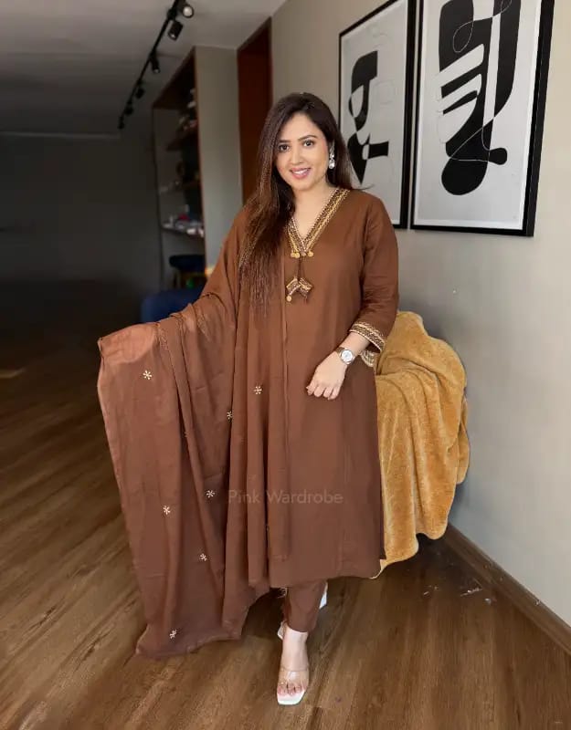 Brown Cotton Kurti Pant Dupatta Set with Embroidery for Women