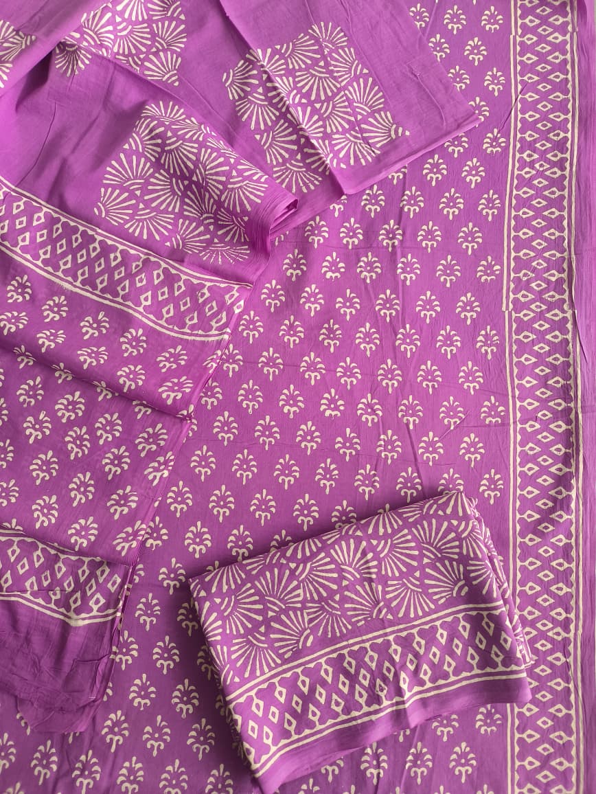 Purple Hand Block Cotton Unstitched Suit Set with Ethnic Prints (MVCOT37)