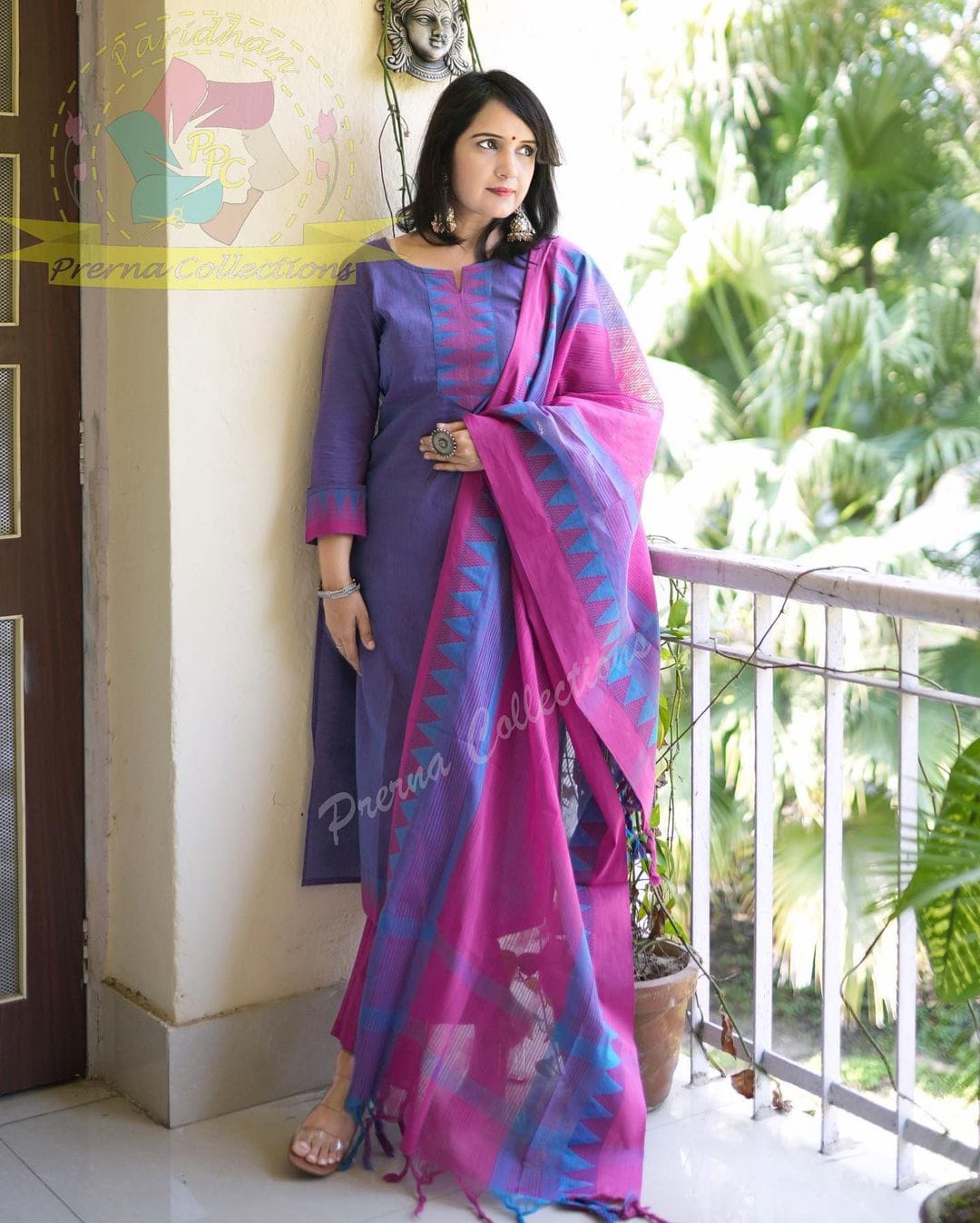 Purple Pink South Cotton Handloom Kurti Set with Temple Border