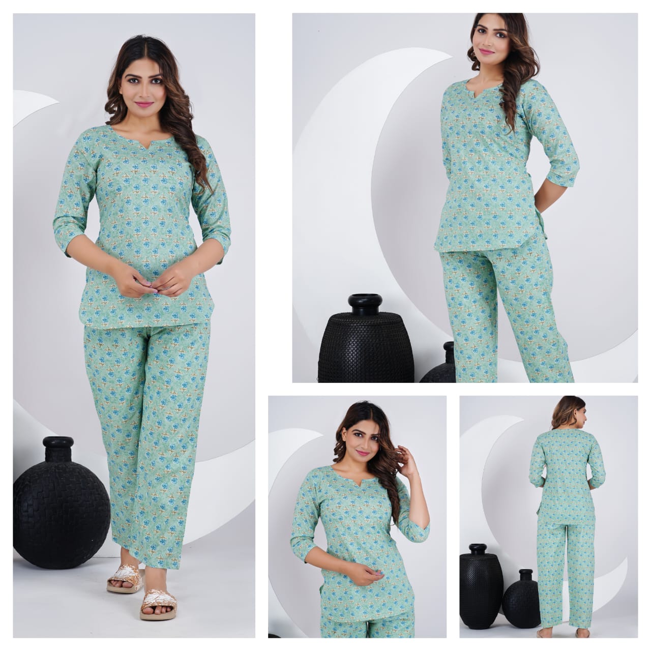 Light Green Printed Cotton Night Suit for Women | Daily Wear Sleepwear (MVNS31)