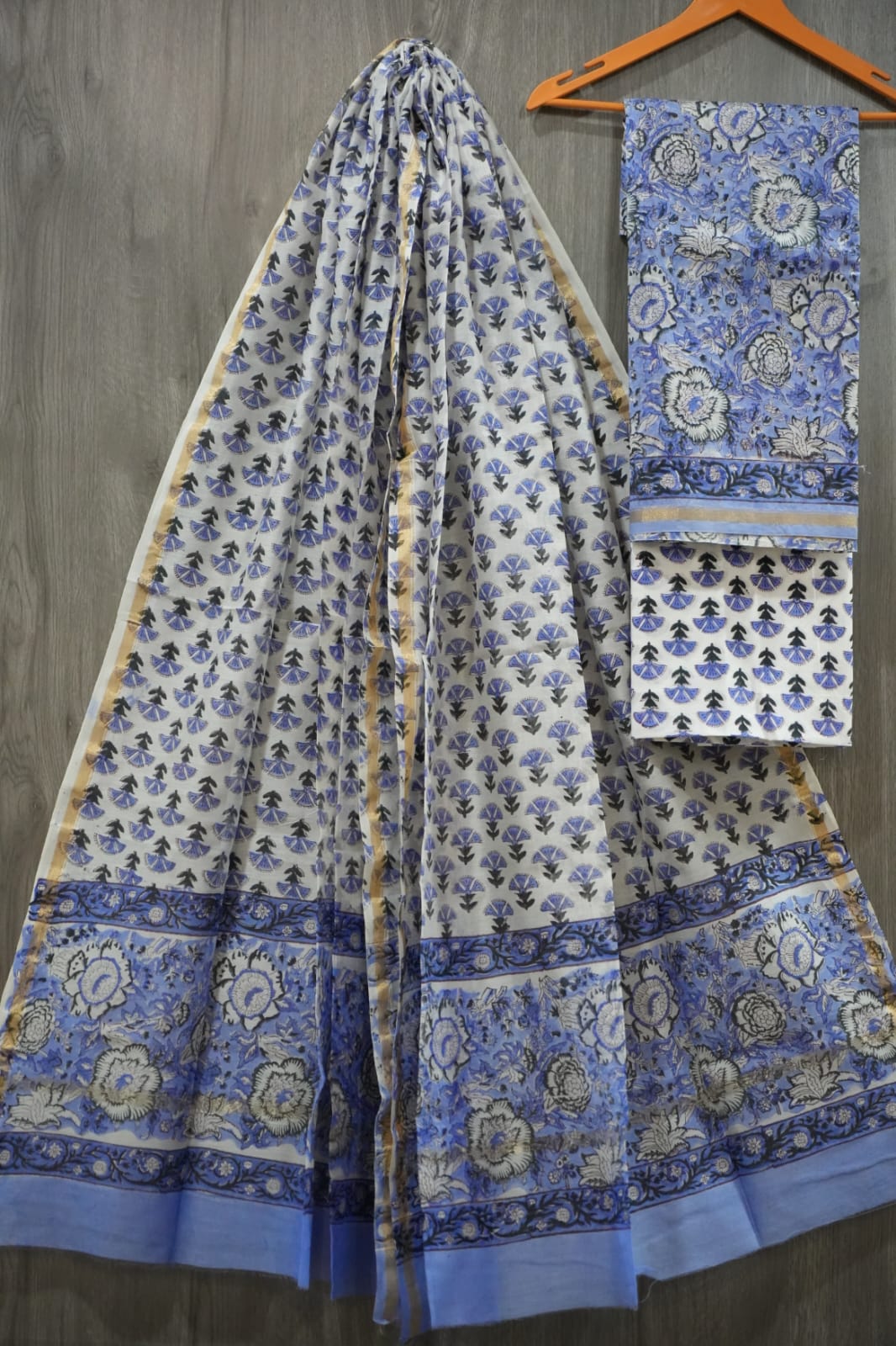 Periwinkle Blue & White Floral Butti Hand Block Print Chanderi Silk Dress Material (MVCHS42)