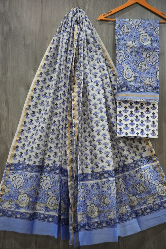 Periwinkle Blue & White Floral Butti Hand Block Print Chanderi Silk Dress Material (MVCHS42)