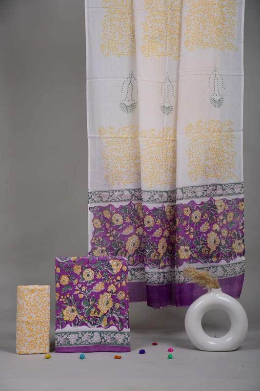 White Purple Floral Hand Block Cotton Unstitched Suit Set with Dupatta (MVCOT50)