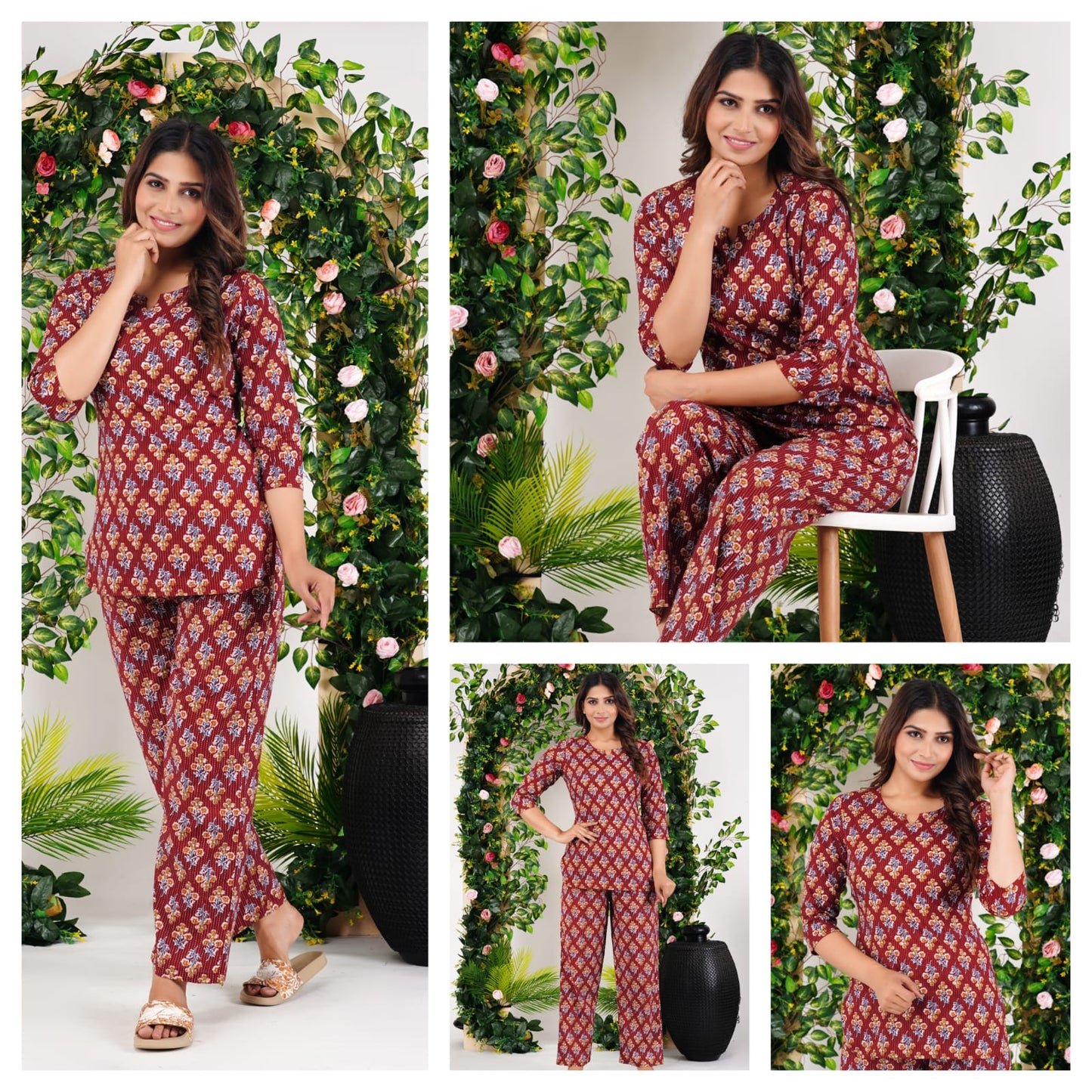 Maroon Printed Cotton Night Suit (MVNS07)