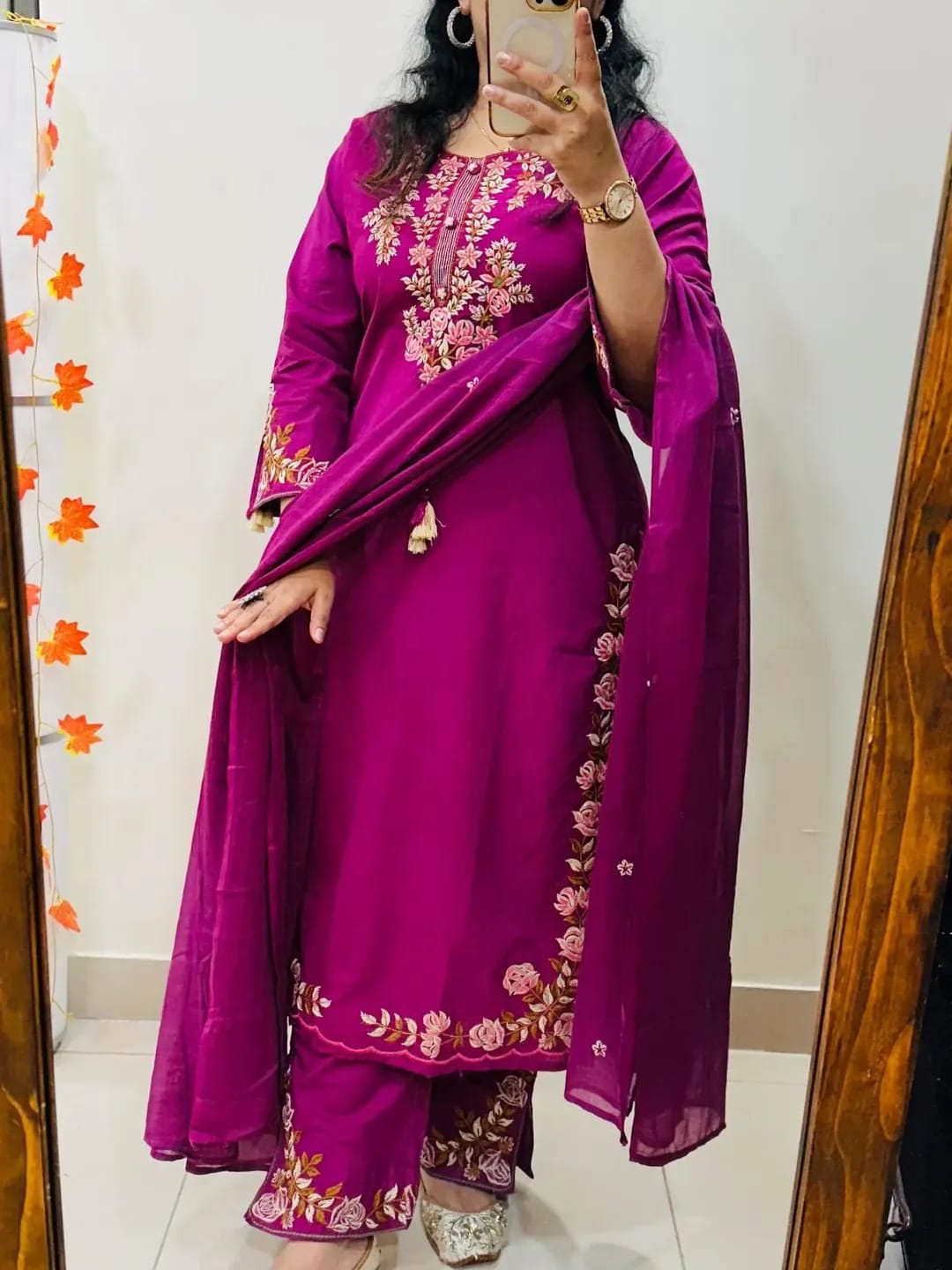 Magenta Pink Heavy Embroidery Silk Kurti Palazzo Dupatta Set