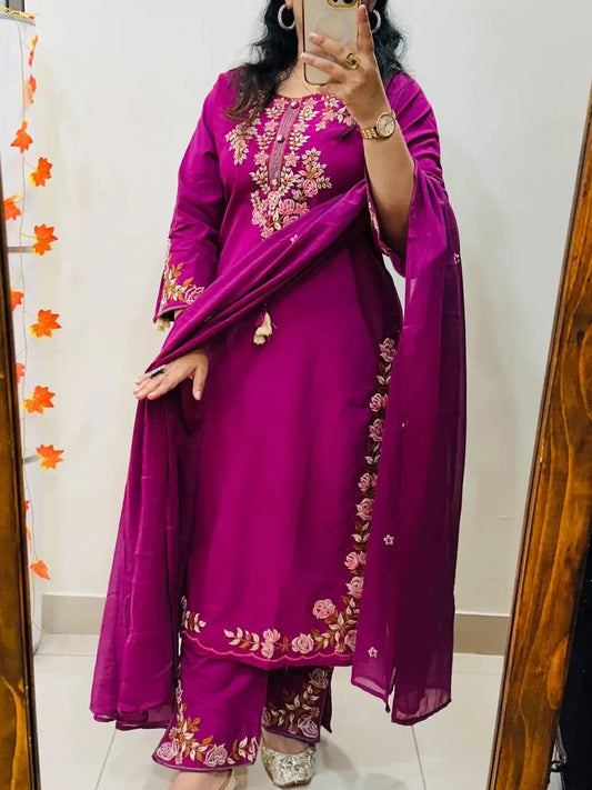Magenta Pink Heavy Embroidery Silk Kurti Palazzo Dupatta Set