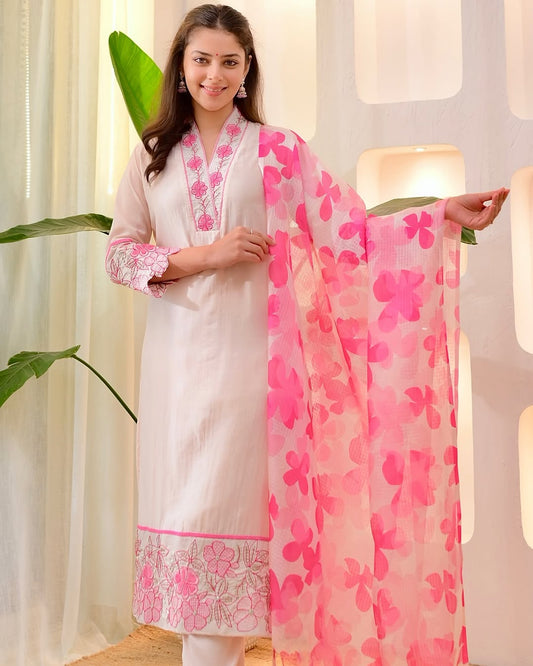 Off White Cotton Kurti Pant Dupatta Set with Pink Floral Embroidery for Women