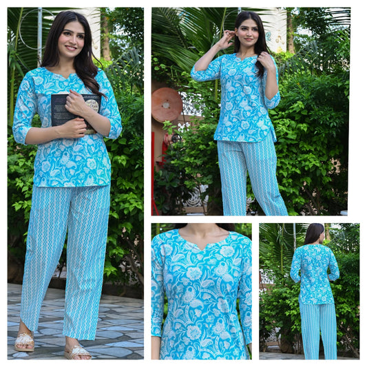 Aqua Blue Printed Cotton Night Suit for Women | Soft Nightwear (MVNS24)