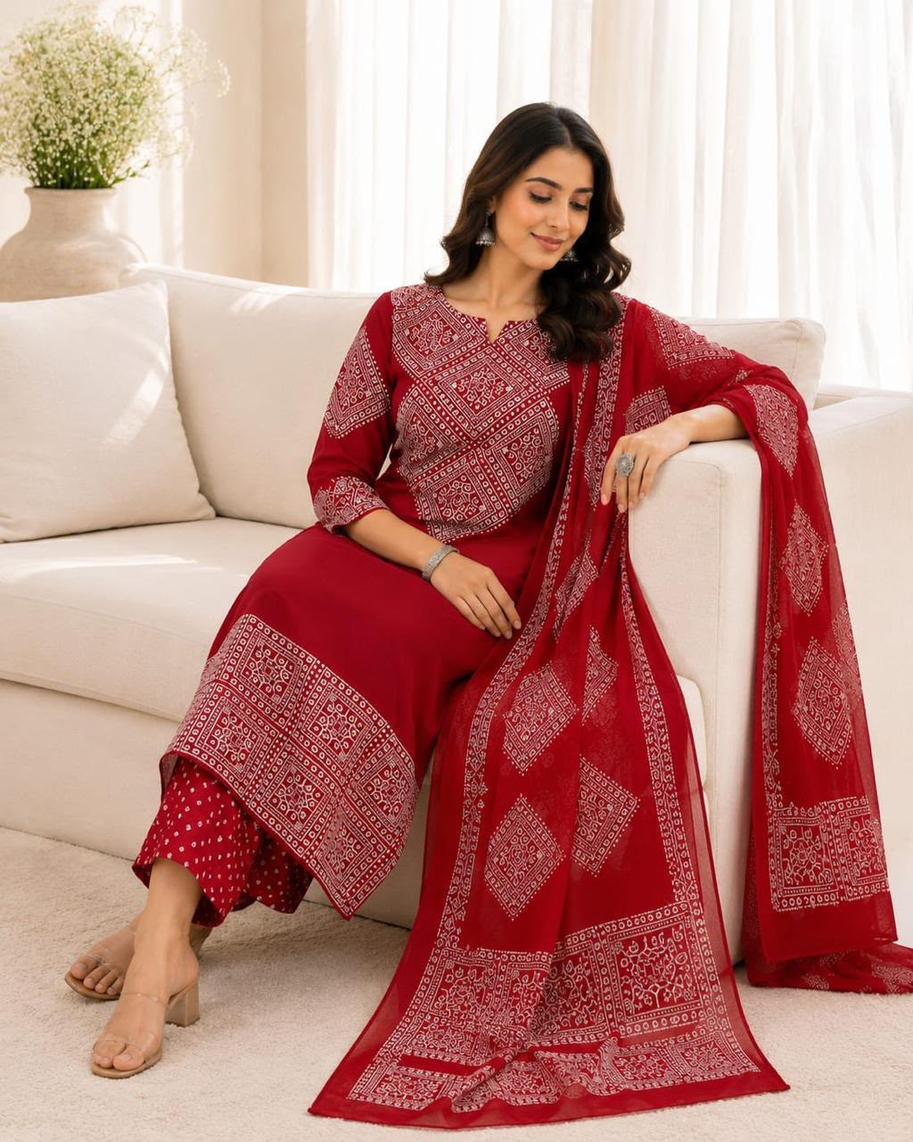 Red Bandhani Print Cotton Kurti Palazzo Dupatta Set