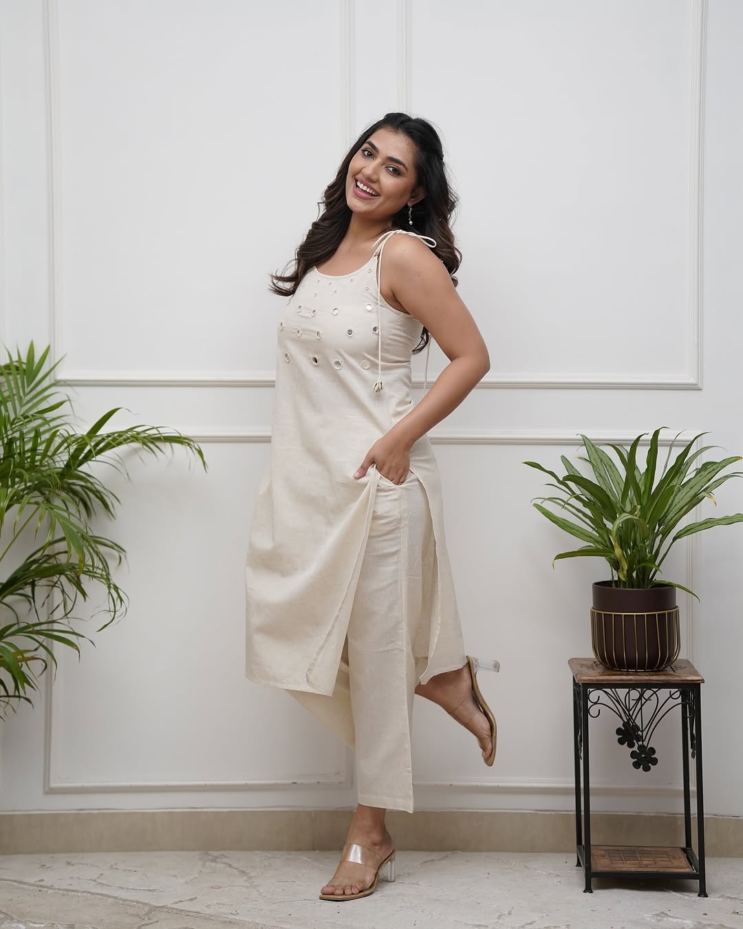 Off White Cotton Slub Cord Set for Women | Sleeveless Kurta Plazo Set with Mirror Work