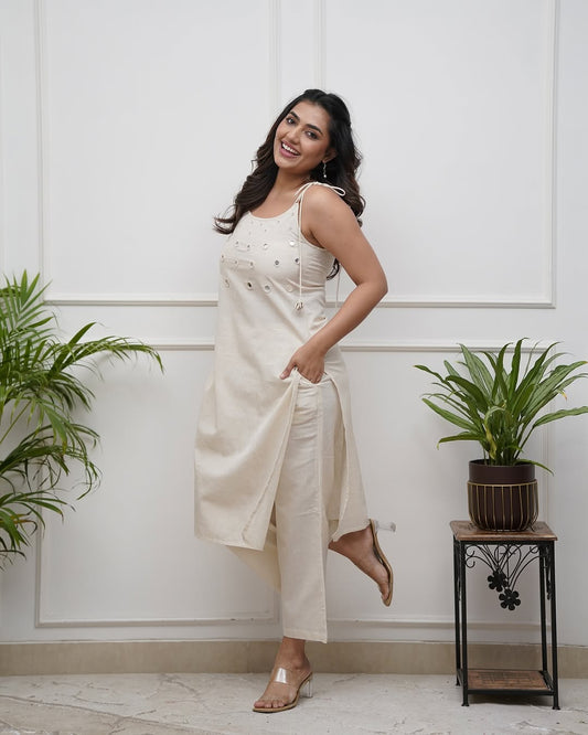 Off White Cotton Slub Cord Set for Women | Sleeveless Kurta Plazo Set with Mirror Work