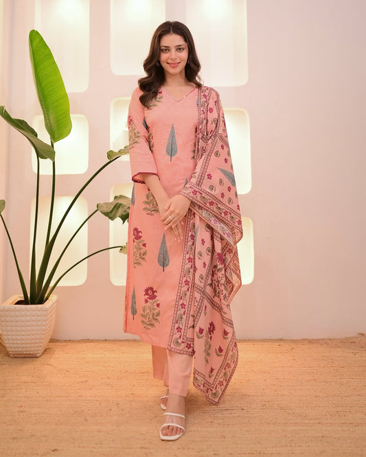 Peach Cotton Floral Printed Kurti Pant Dupatta Set for Women