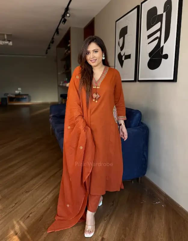 Rust Orange Cotton Kurti Pant Dupatta Set with Embroidery for Women