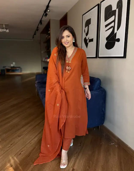 Rust Orange Cotton Kurti Pant Dupatta Set with Embroidery for Women