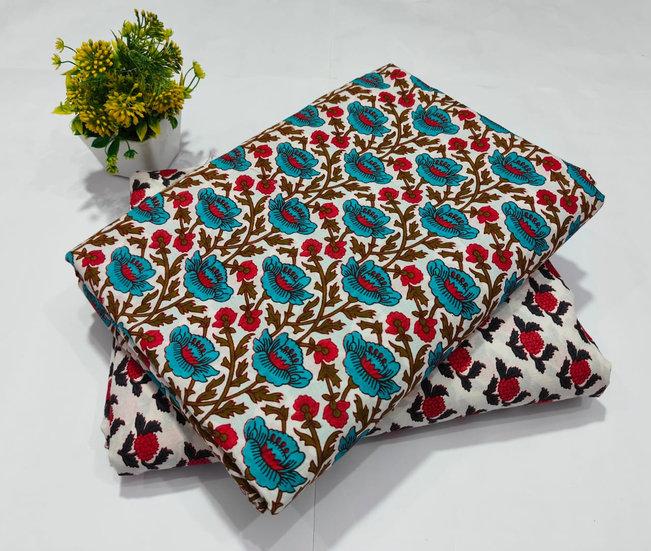 White Cotton Fabric with Blue Red Floral Print (BFTB05)