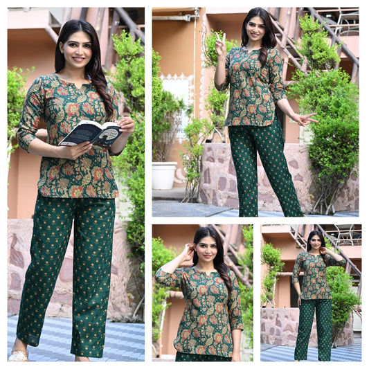 Dark Green Floral Cotton Night Suit for Women | Elegant Nightwear (MVNS27)