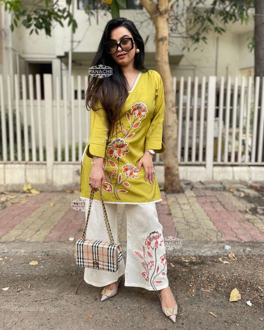 "Olive Bloom — Embroidered Cotton Slub Kurti