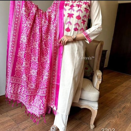 Off White Pink Handloom Cotton Kurti Pant Dupatta Set with Aari Embroidery