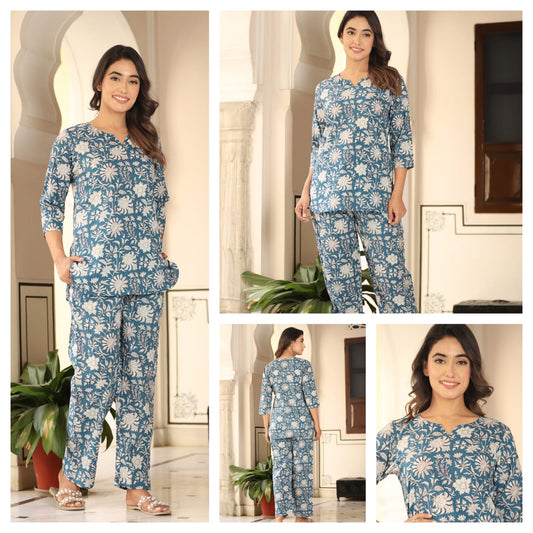 Blue Floral Nightwear Set with Pockets (MVNS01)
