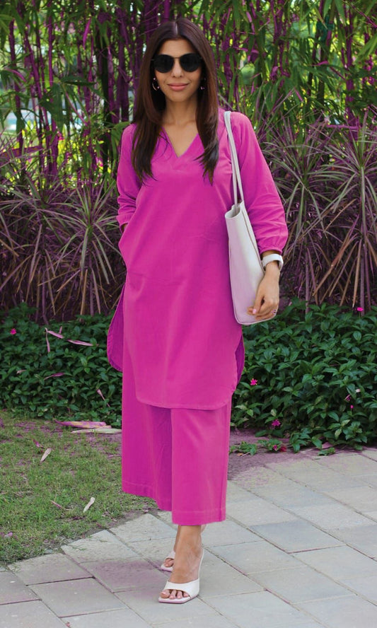 Pink Cotton Slub Kurta Pant Set | Stylish Office Wear for Women