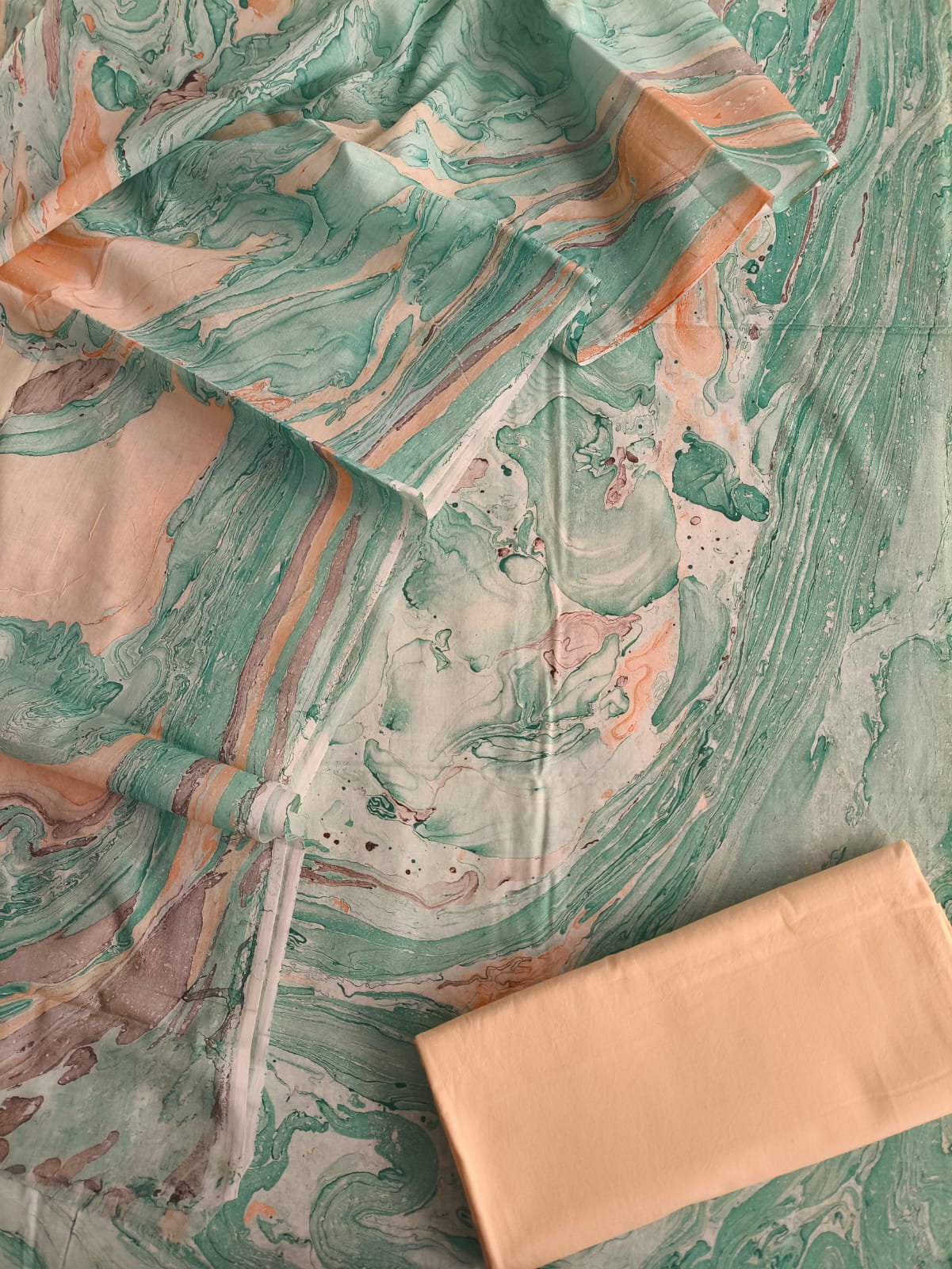 Green Marble Hand Block Print Cotton Suit Set | Abstract Designer Fabric (MVCOT10)