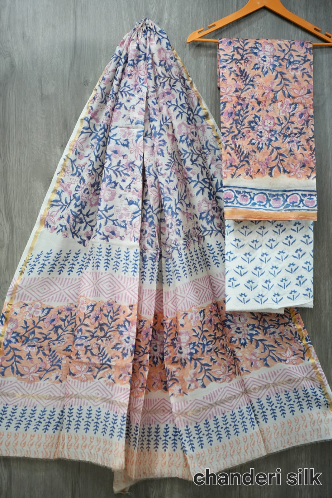 Peach & Blue Floral Vine Hand Block Print Chanderi Silk Dress Material (MVCHS15)