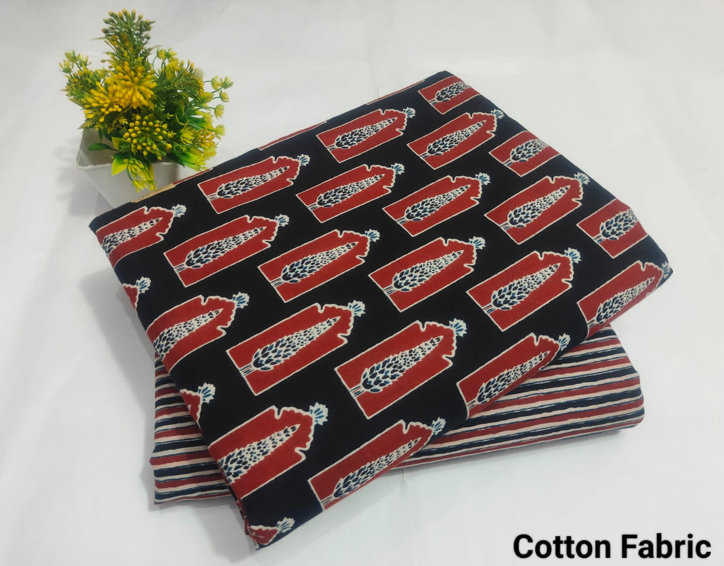 Black Red Ethnic Printed Cotton Fabric – Stylish Traditional Dress Material (MVTB29)