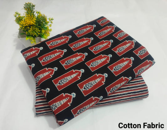 Black Red Ethnic Printed Cotton Fabric – Stylish Traditional Dress Material (MVTB29)