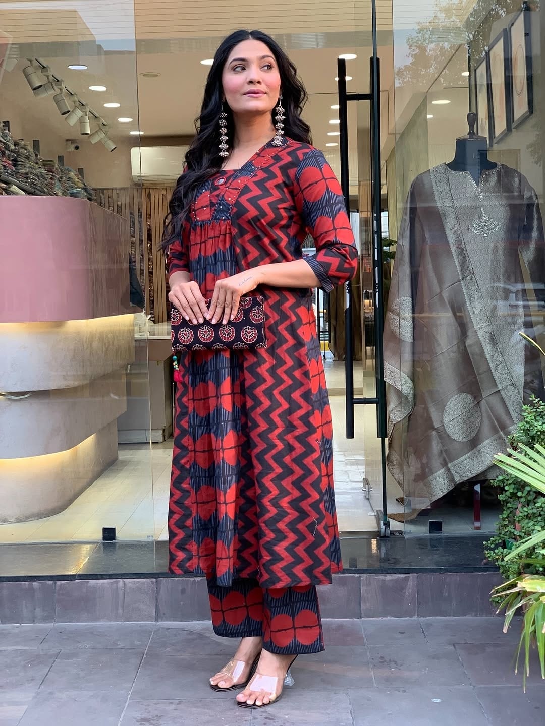 Red & Black Chevron Zigzag Print Cotton A-Line Kurta Palazzo Set