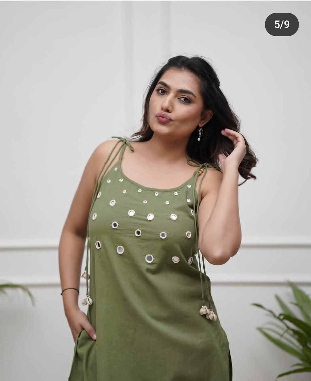 Olive Green Cotton Slub Cord Set | Sleeveless Mirror Work Kurta Set for Women