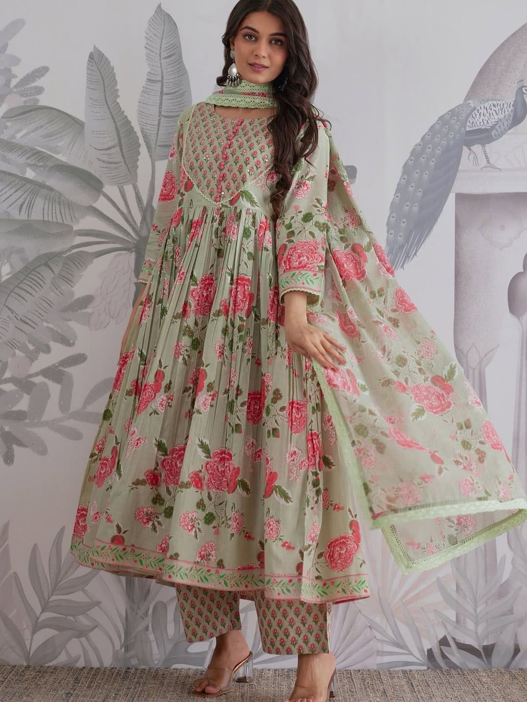 Green Floral Cotton Anarkali Kurti Set with Dupatta for Women
