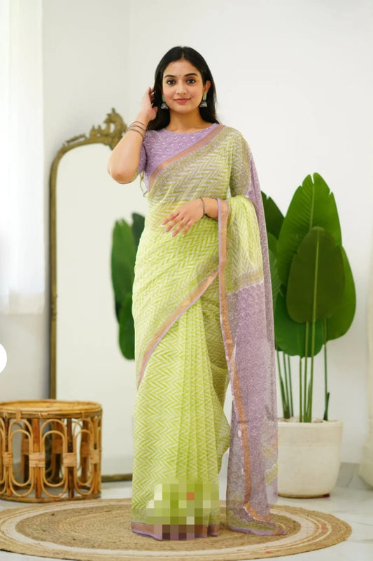 Lime Green Lavender Kota Doriya Saree | Hand Block Bagru Print with Blouse (MVKS41)