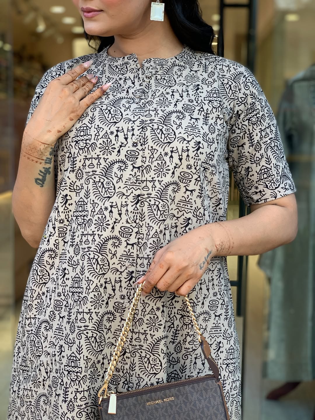 Beige & Black Warli Print Cotton A-Line Kurta Wide Palazzo Set