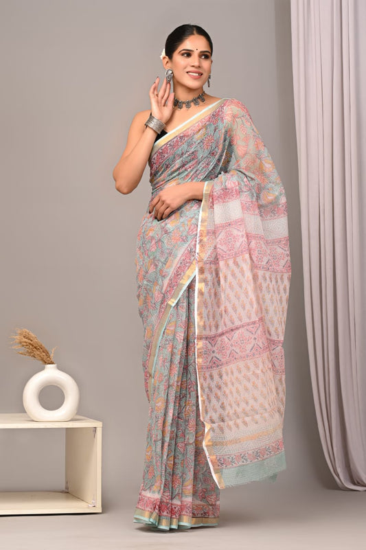 Grey Multicolour Kota Doriya Saree | Dabu Hand Block Printed | Ethnic Wear (MVKS48)