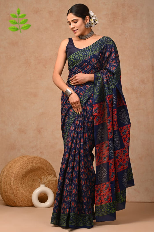 Multi Color Navy Hand Block Printed Cotton Saree with Blouse (MVCS76)