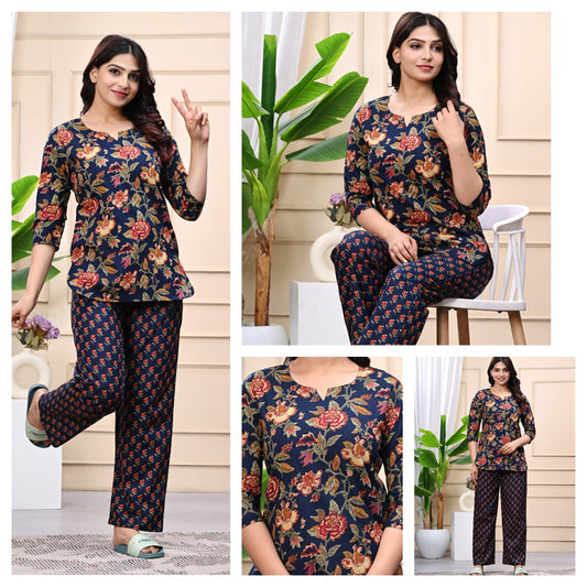 Navy Red Floral Cotton Night Suit for Women | Premium Nightwear (MVNS26)