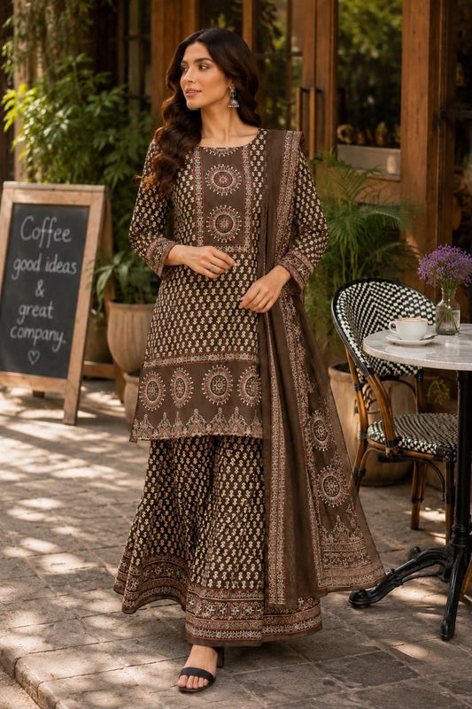 Brown Cotton Printed Gopi Sharara Set | Ethnic Ajrakh Print Kurti with Dupatta