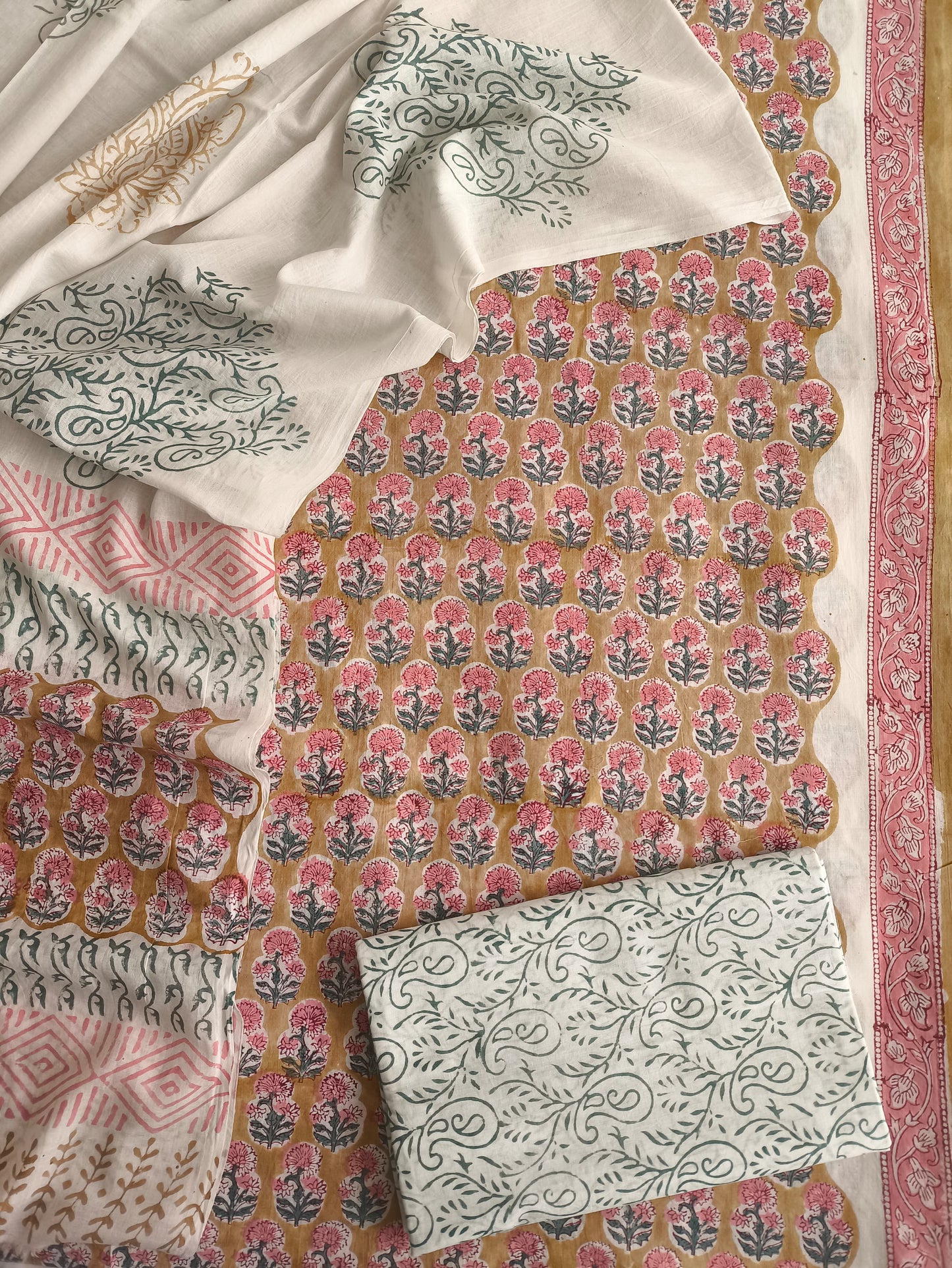 Beige Pink Hand Block Printed Cotton Suit Set Unstitched (MVCOT19)