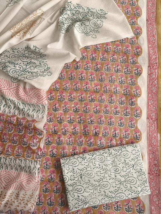 Beige Pink Hand Block Printed Cotton Suit Set Unstitched (MVCOT19)