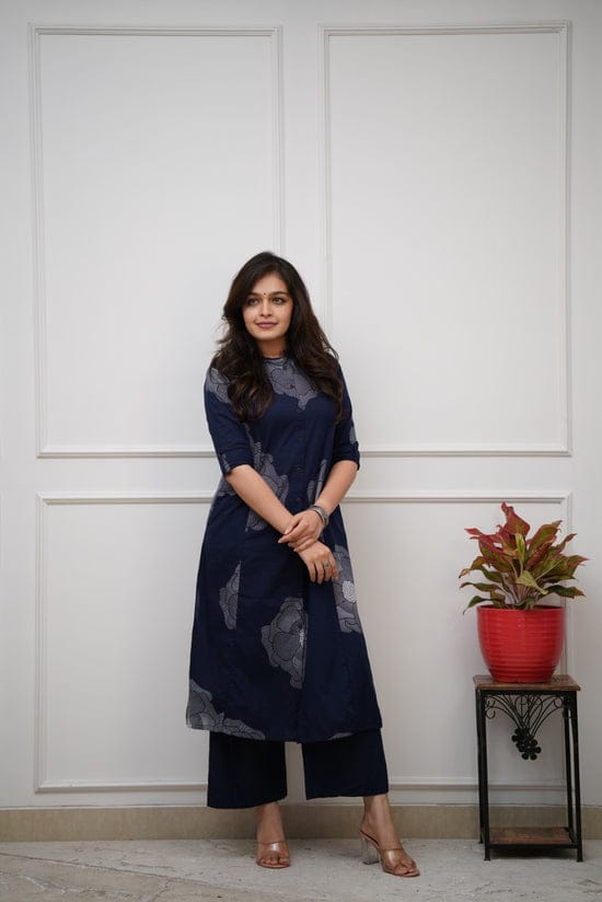 Navy Blue Floral Cotton Kurti Palazzo Set | A-Line Designer Co-ord Set for Women