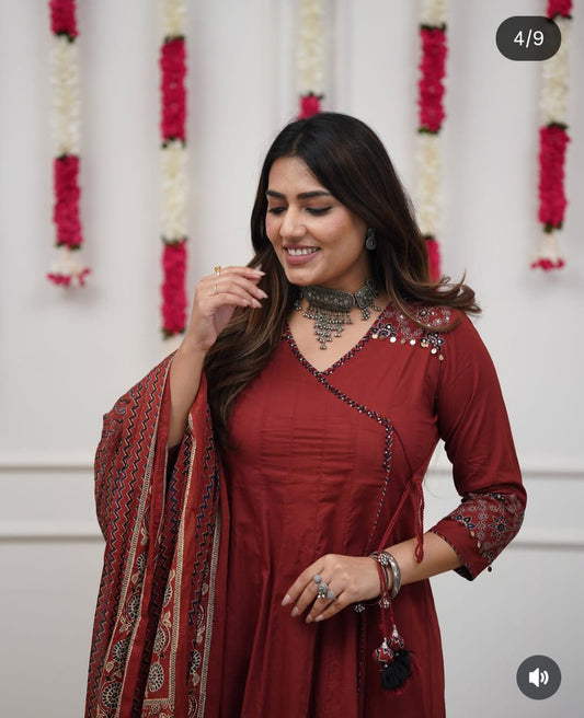 Maroon Cotton Angrakha Anarkali Suit