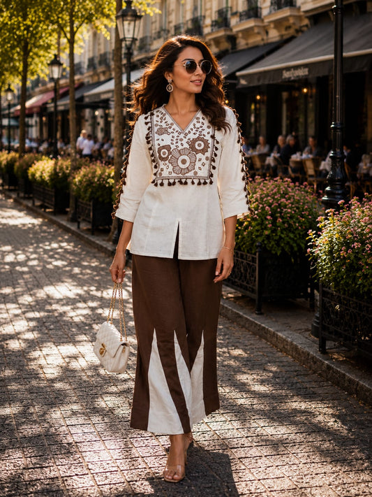 White Khadi Cotton Co-ord Set with Brown Embroidery