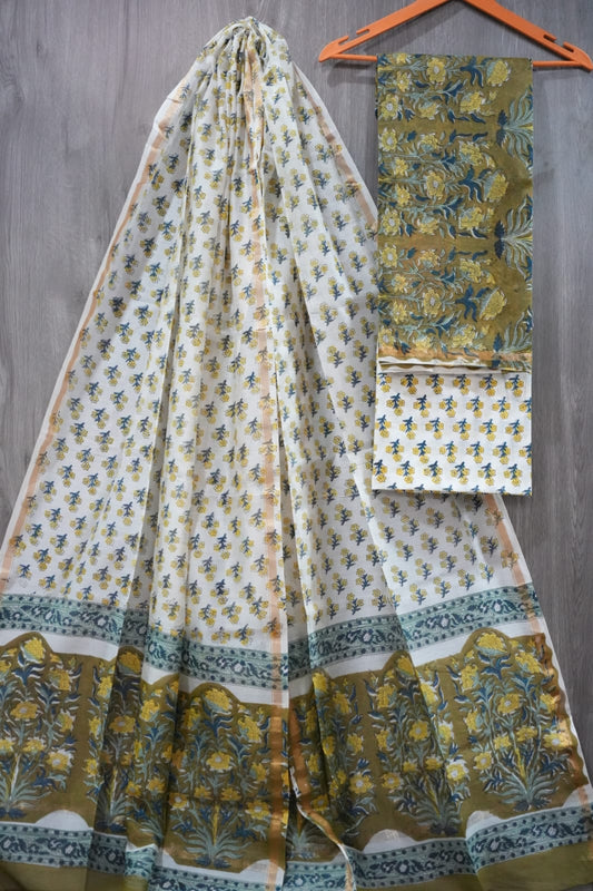 Olive Green & Yellow Genda Butti Hand Block Print Chanderi Silk Dress Material (MVCHS45)