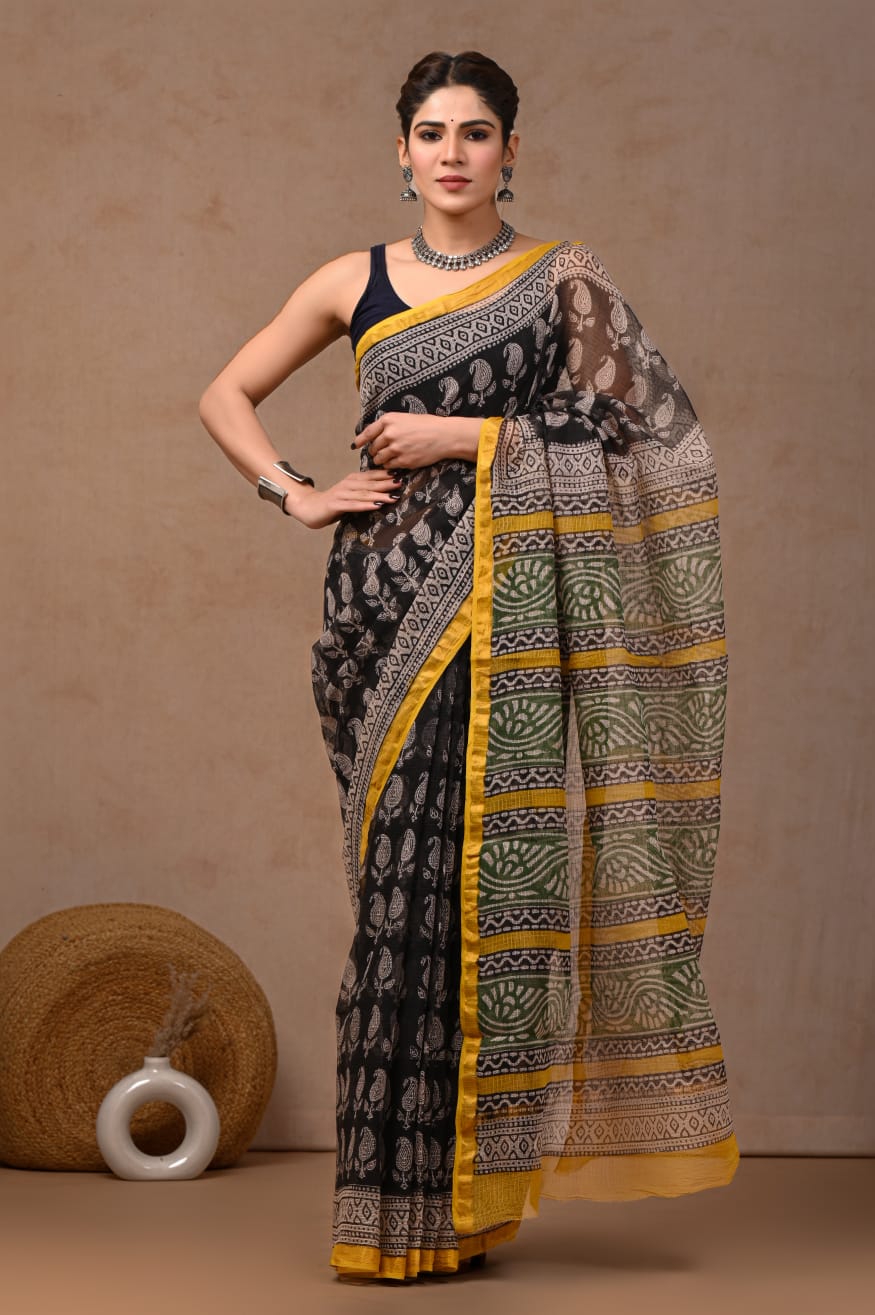 Black Kota Doriya Saree | Paisley Boota Hand Block Print (MVKS61)