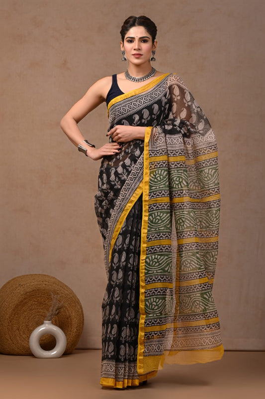 Black Kota Doriya Saree | Paisley Boota Hand Block Print (MVKS61)