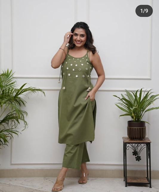 Olive Green Cotton Slub Cord Set | Sleeveless Mirror Work Kurta Set for Women