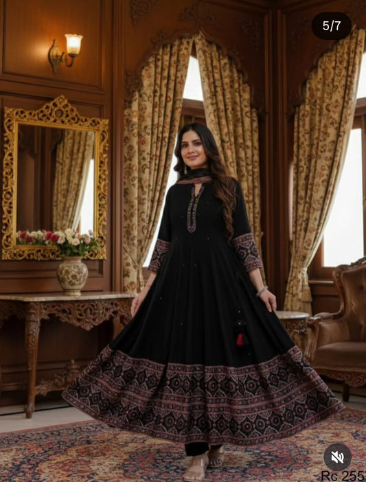 Black Premium Cotton Anarkali Dress | Mirror & Katha Thread Work | Hand Block Print Border