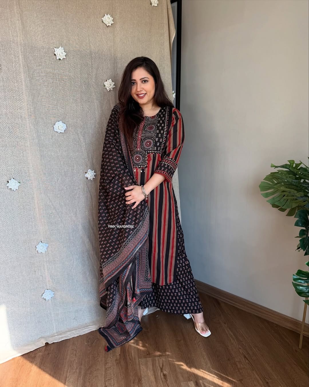 Black Cotton Printed Kurti Pant Dupatta Set for Women