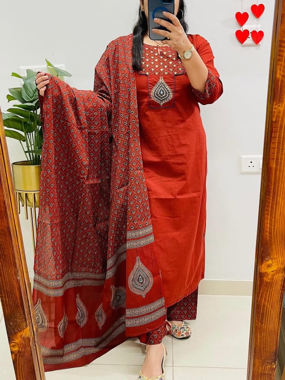 Red Cotton Kurti Pant Dupatta Set for Women