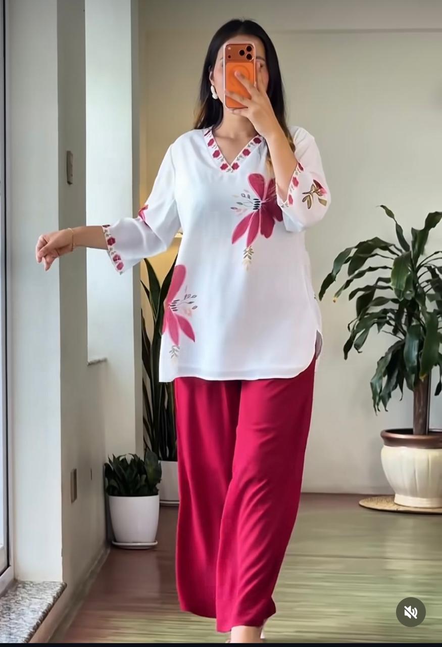 Red Floral Cotton Kurti Plazo Set for Women